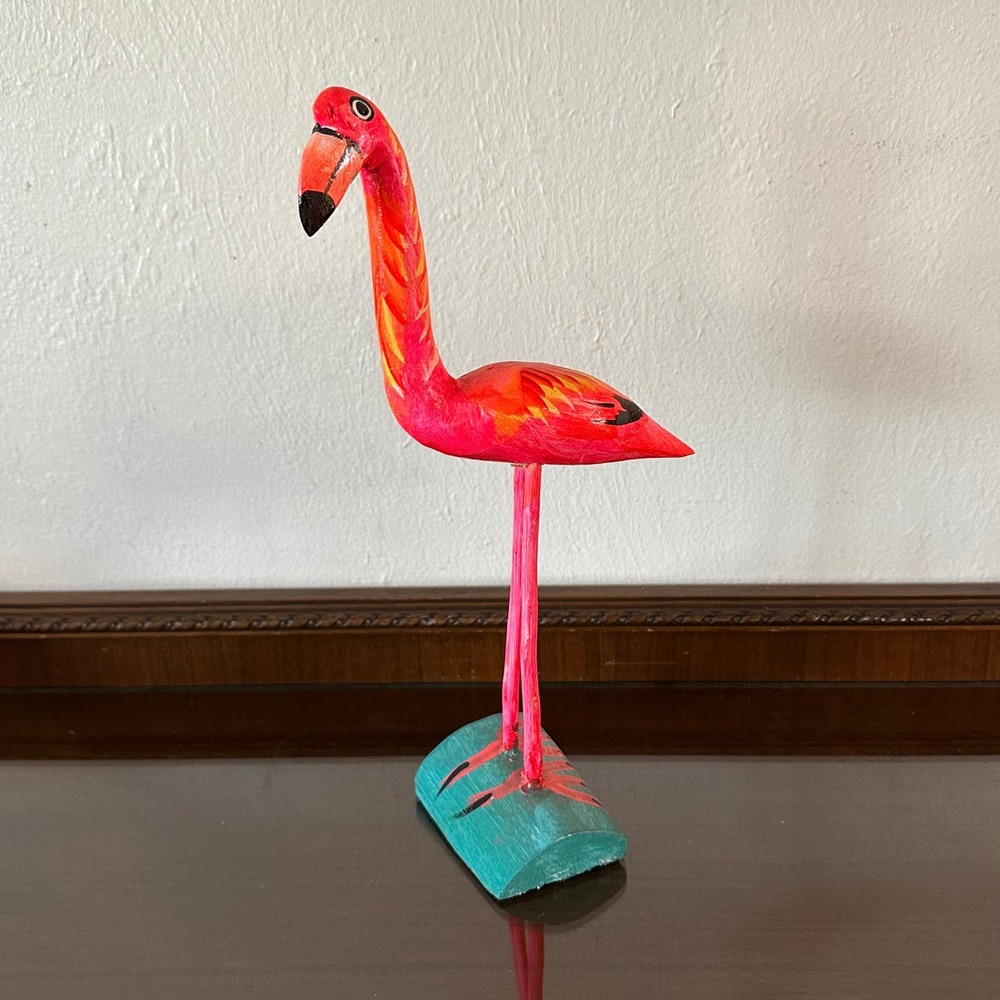 Hand Carved Wooden Flamingo Figurine Neon Pink Tropical Folk Art Decor 15"